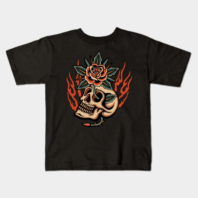 Skull Rose traditional tattoo Kids T-Shirt by Abrom Rose